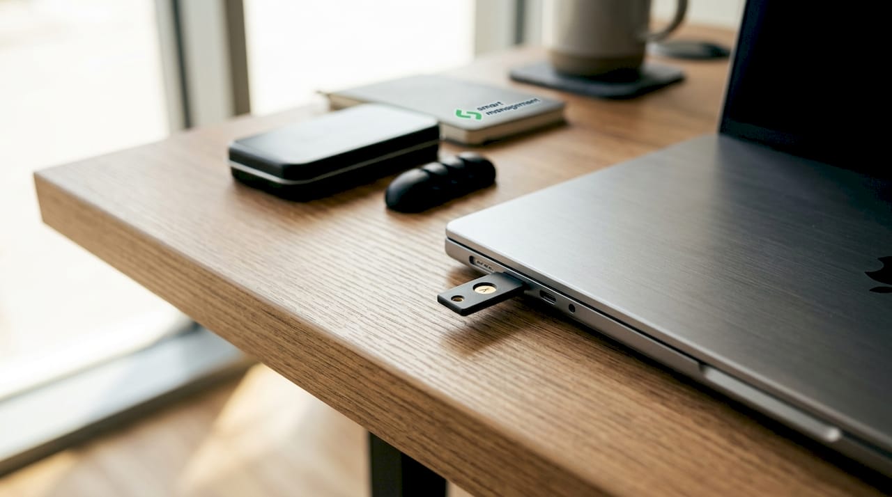 Λεπτομερής λήψη μιας Yubikey συνδεδεμένης σε λάπτοπ