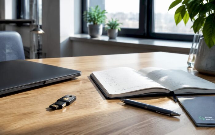 Ένα YubiKey δίπλα σε laptop, σε έναν σύγχρονο χώρο εργασίας με τεχνολογικό εξοπλισμό.
