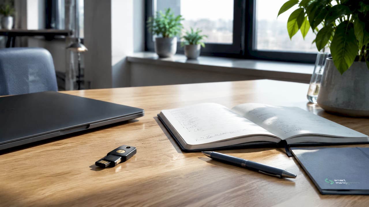 1783143211044_YubiKey-token-and-laptop-on-tech-workspace Ένα YubiKey δίπλα σε laptop, σε έναν σύγχρονο χώρο εργασίας με τεχνολογικό εξοπλισμό.