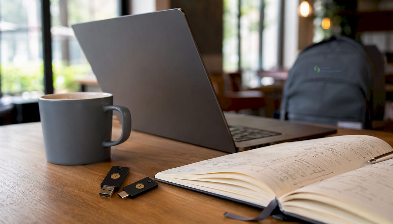 1784081351438_Close-up-of-Yubikey-devices-on-tech-desk Λεπτομερής φωτογραφία Yubikey πάνω σε γραφείο με τεχνολογικό εξοπλισμό